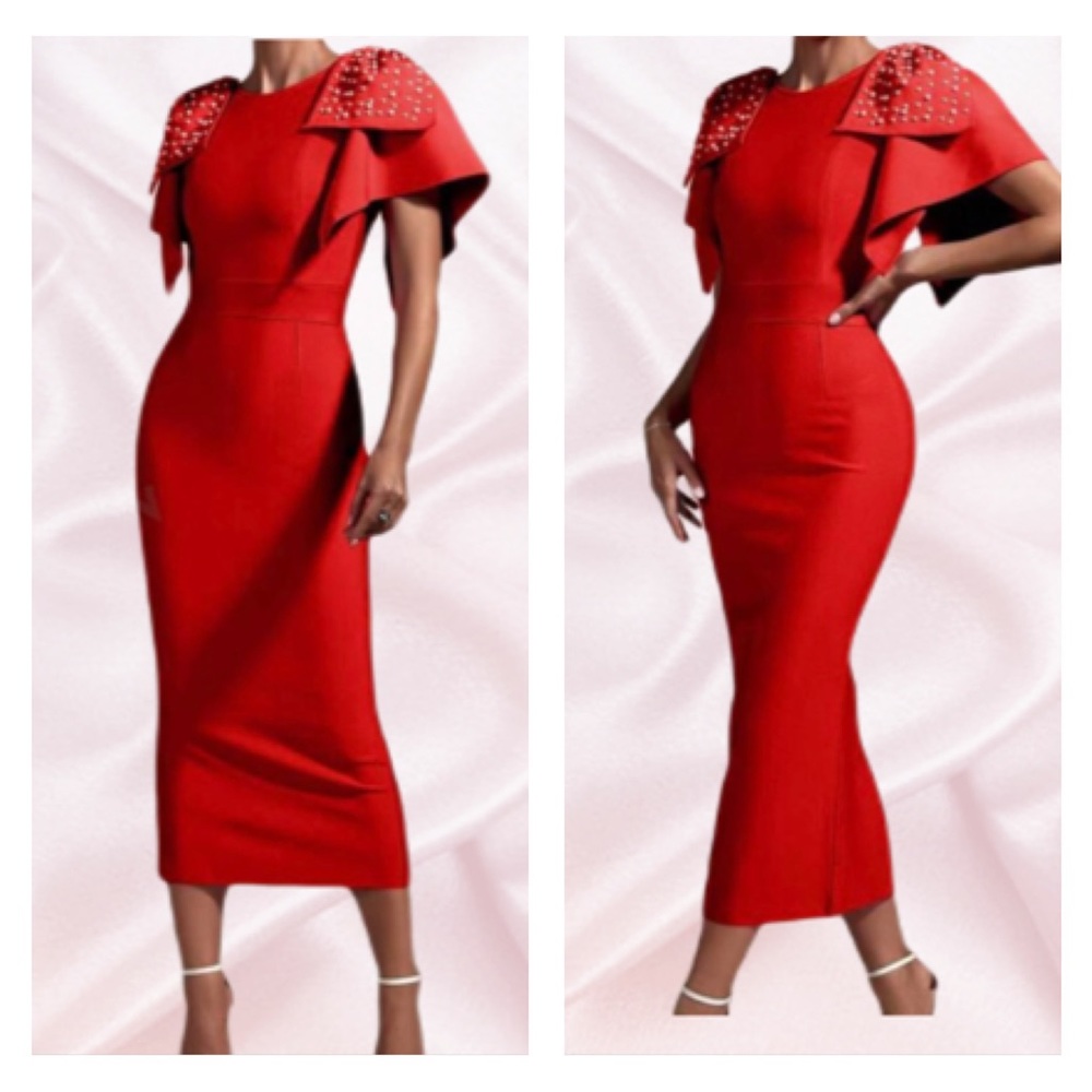 Red BodyCon Exaggerated Embellished Sleeves Dress